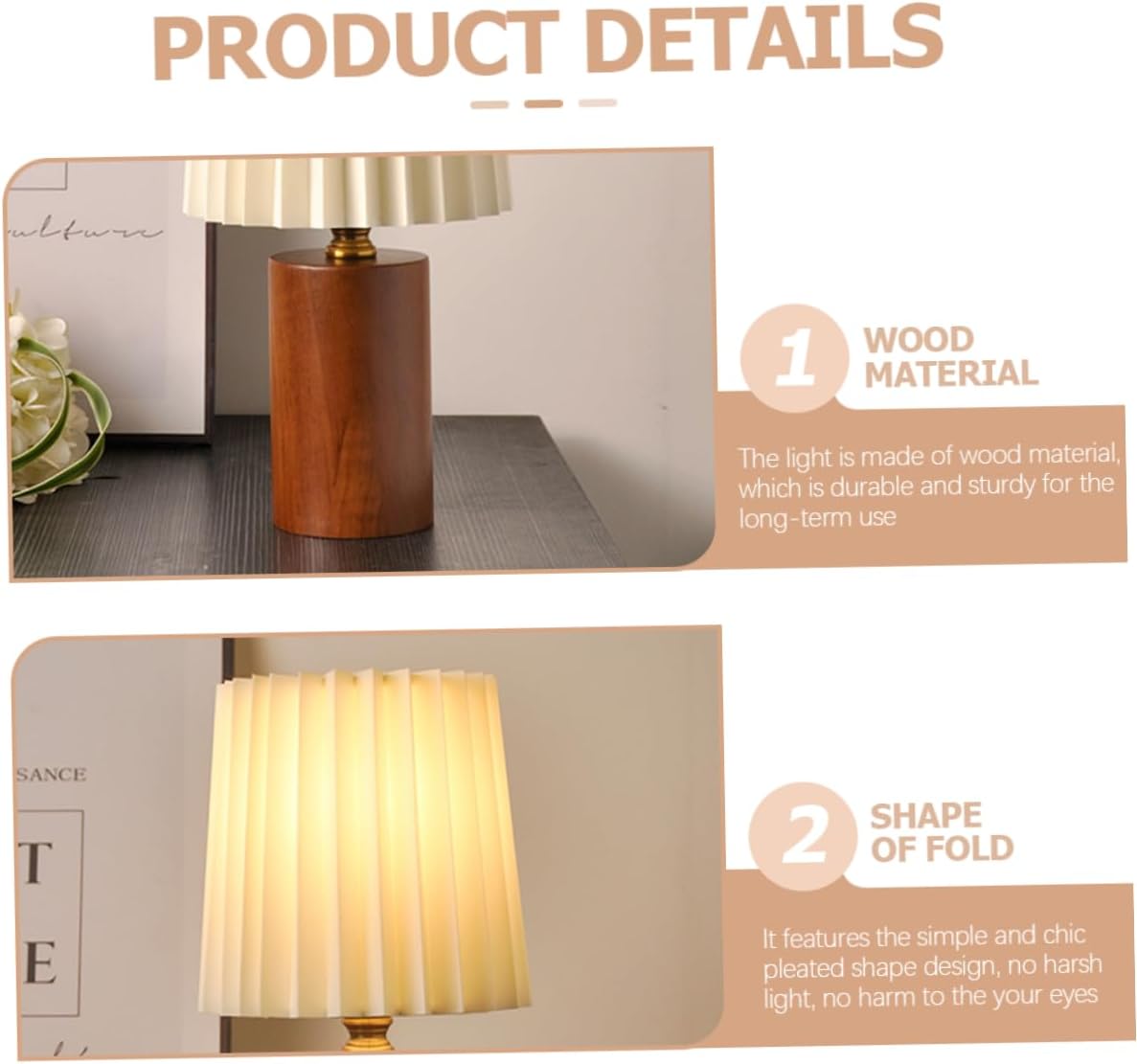 Pleated Wood Base Desk Lamp Elegant Nightstand Light for Bedroom USB Rechargeable Aesthetic Bedside Lamp with Soft Warm Glow for Home Decor and Relaxing Ambiance
