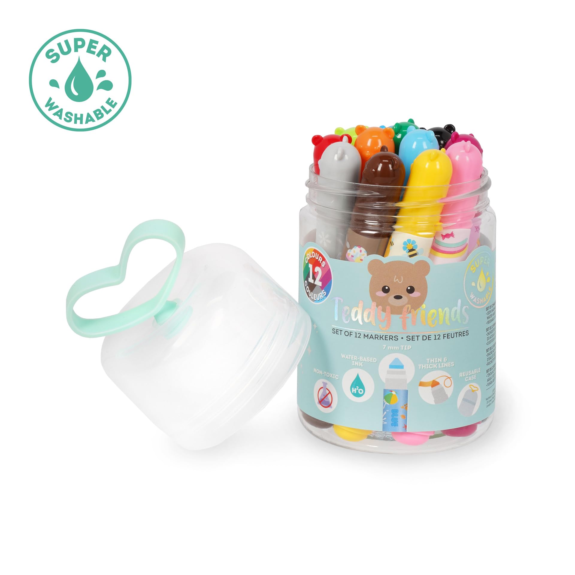 LEGAMI - Lot de 12 feutres - Teddy Friends, 12 couleurs assorties, lavables et non toxiques, pointe anti-retour, traits fins et larges, pour enfants et filles, emballage réutilisable