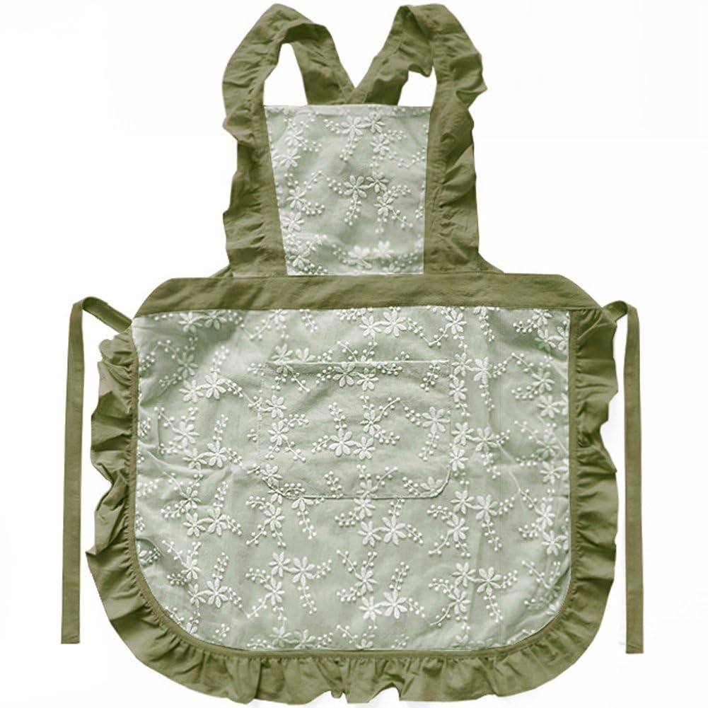 Sslvya Vintage Lace Floral Aprons for Women with Pockets Adjustable Cotton Linen Ruffle Apron for Kitchen Cooking Baking Gardening