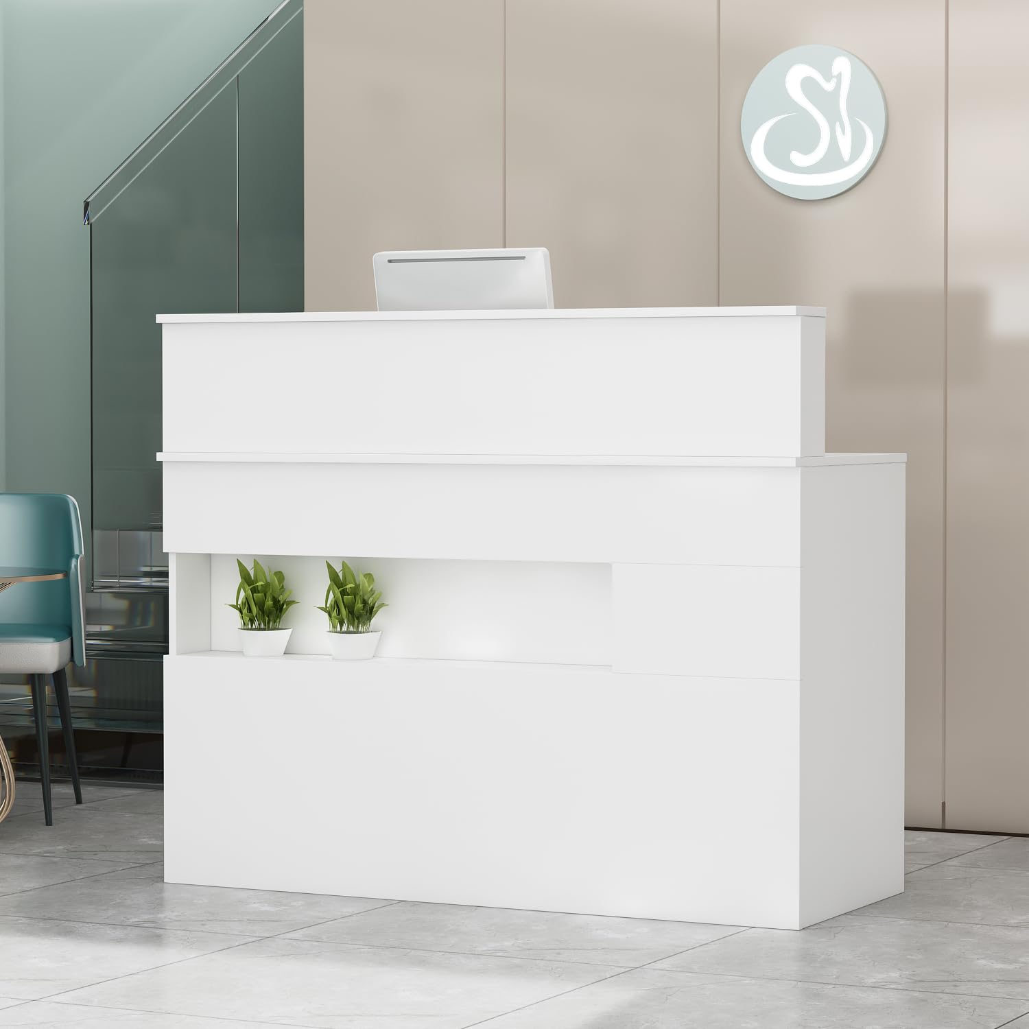 PREMTURE Banco reception con luce e cassetti, reception in bianco, cassette di ricevimento, bancone dell'ufficio, per sale aziendali, reception alberghiere, negozi di frutta 50 x 120 x 100 H cm