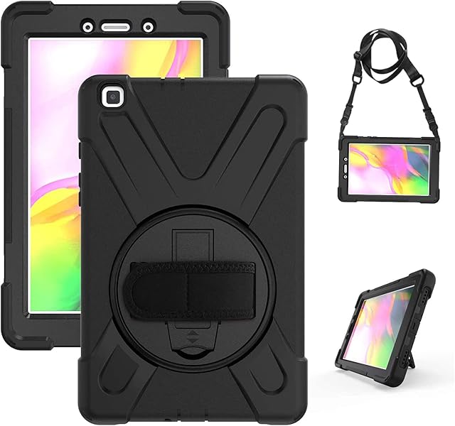 Gerutek Samsung Galaxy Tab a 8.0 2019 Case,SM-T290/T295 Case,Heavy Duty Shockproof Rugged Samsung Tab a 8 inch tablet Protective Case 360 Rotating Stand,Hand/Carry Strap Cover Case,Black