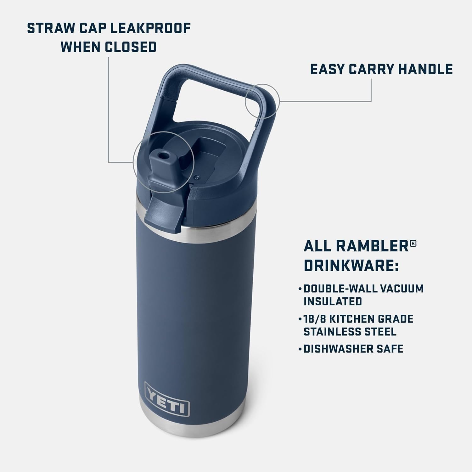 YETI Rambler C Bouteille à paille en acier inoxydable avec bouchon à paille étanche, blanc, 532 ml