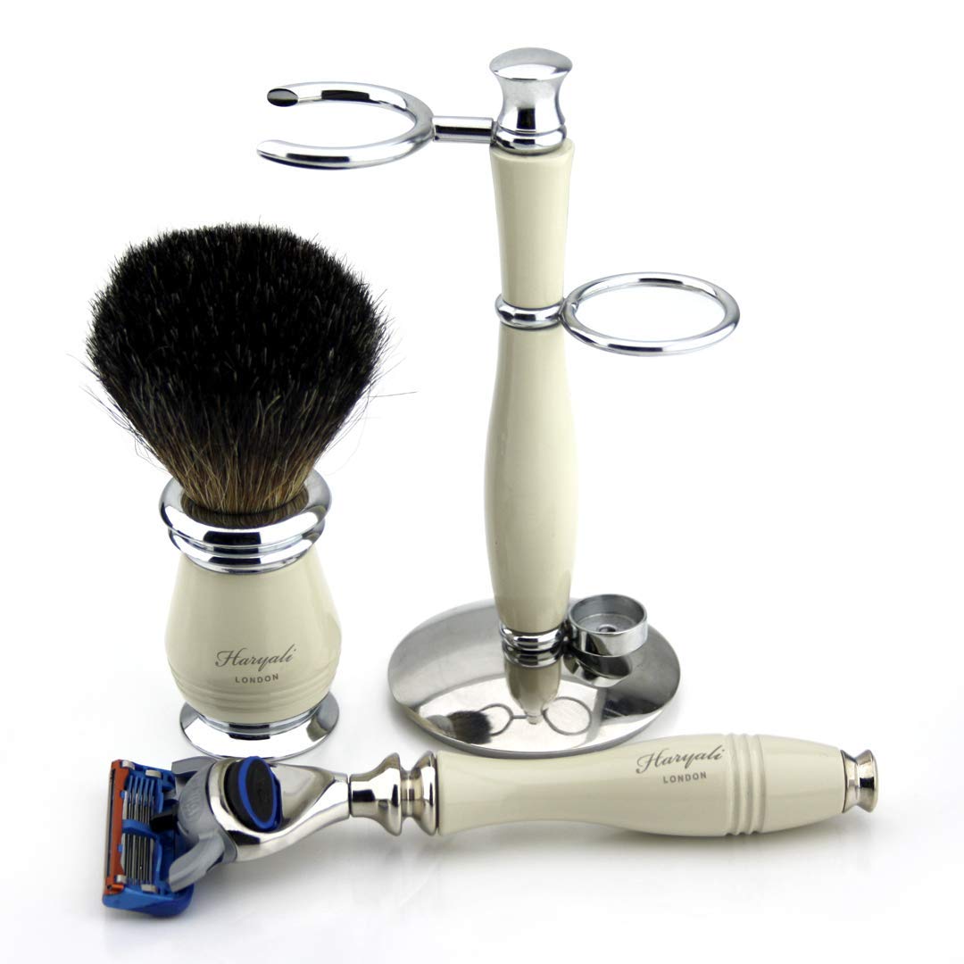 3-teiliges Nassrasur Set 5 Edge Razor (Luxus Handstück) & Reines Schwarz Dachshaar Rasierpinsel & Dual Ständer - Neues Design