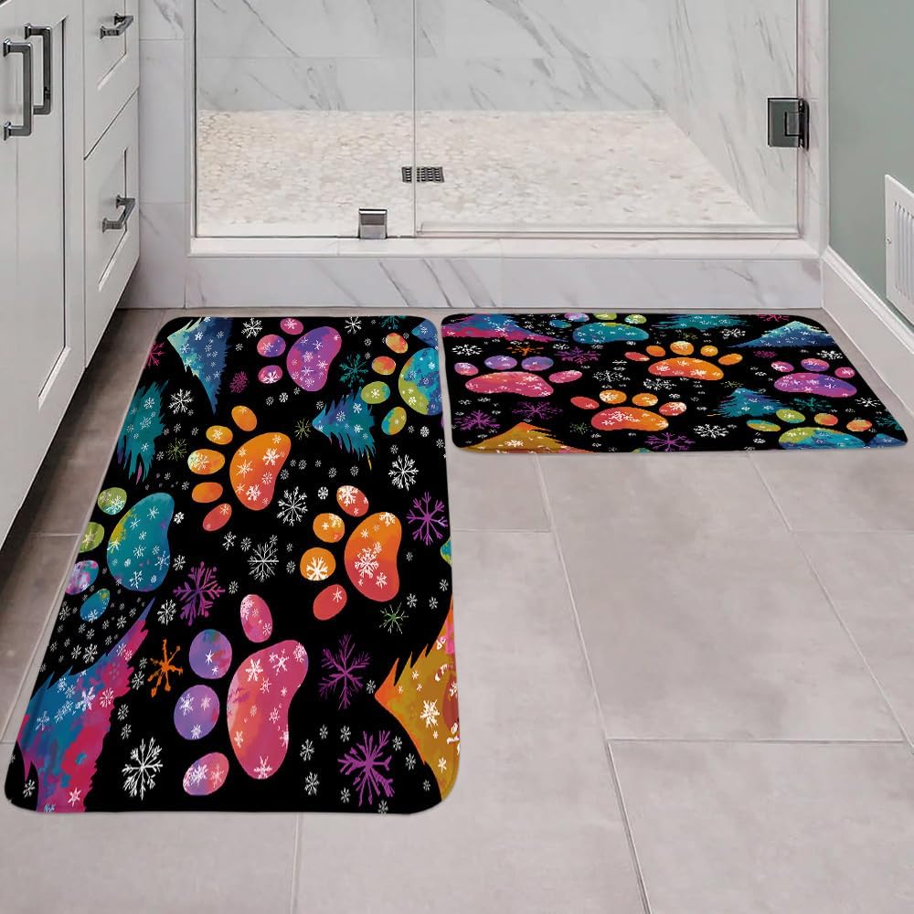 2 Piece Set Dog Paws Bath Mat Colorful Rainbow Watercolor Funny Cute Dogs Cat Pet Paw Abstract Animal Footprint Snowflake Pattern Print Winter Modern Bathroom Rugs Bedroom Toilet Kitchen Floor