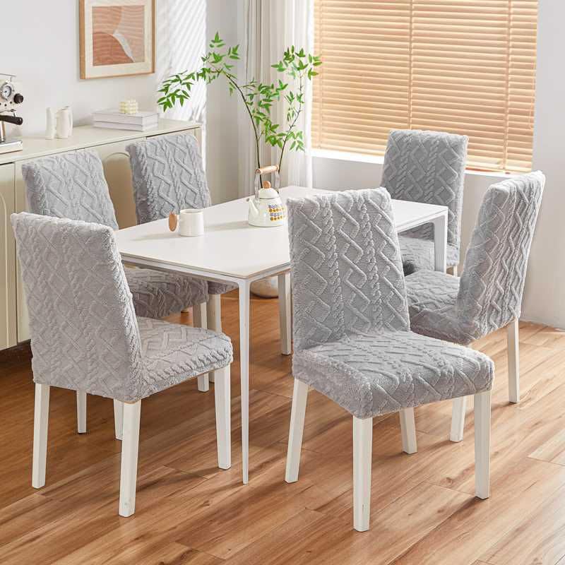 Image of HOMETHREADS Elastic Jacquard Chair Cover-Stretch Fit, Removable & Washable Short Dining Chair Seat Protector - 400gsm Soft & Wrinkle-Resistant Slipcover for Home, Kitchen, Banquet (L.Grey, Pack of 6)