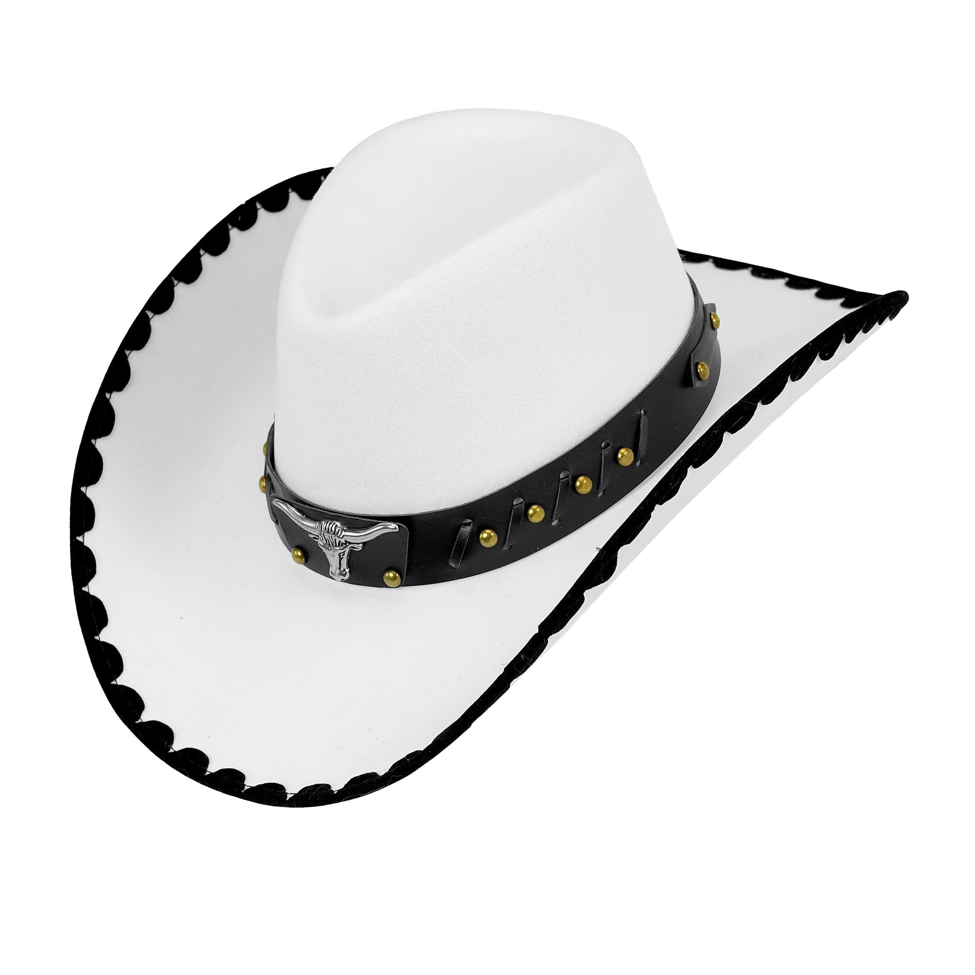 W WIDMANN MILANO Party Fashion - Longhorn Emblem Felt Cowboy Hat White Western Hat for Adult Carnival Stag Party Theme Party