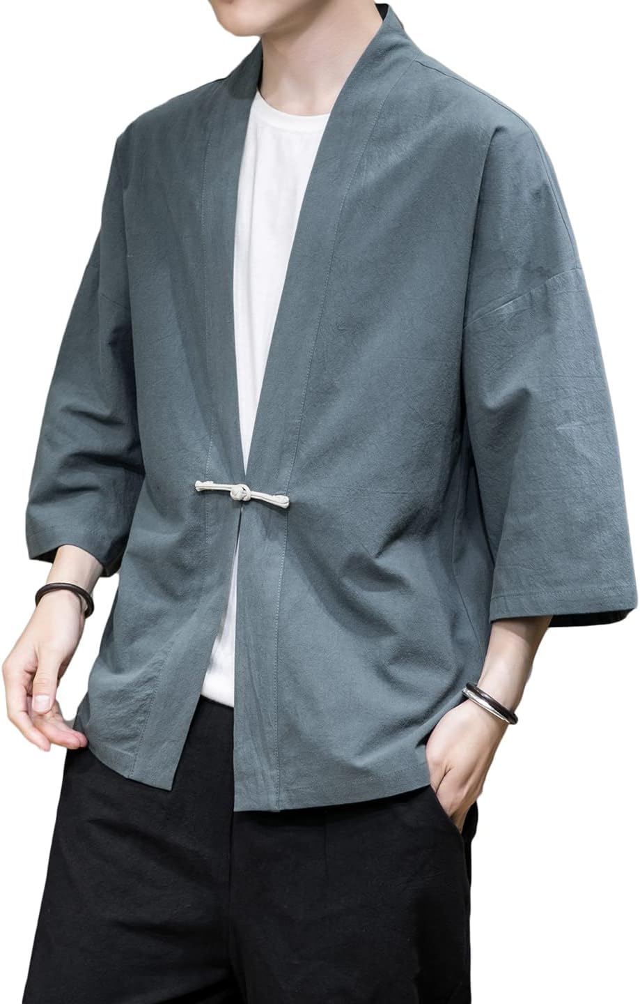 PRIJOUHE Men's Kimono Jackets Cardigan Casual Cotton Blends Linen Seven Sleeve Open Front Embroidery Coat - Image 3