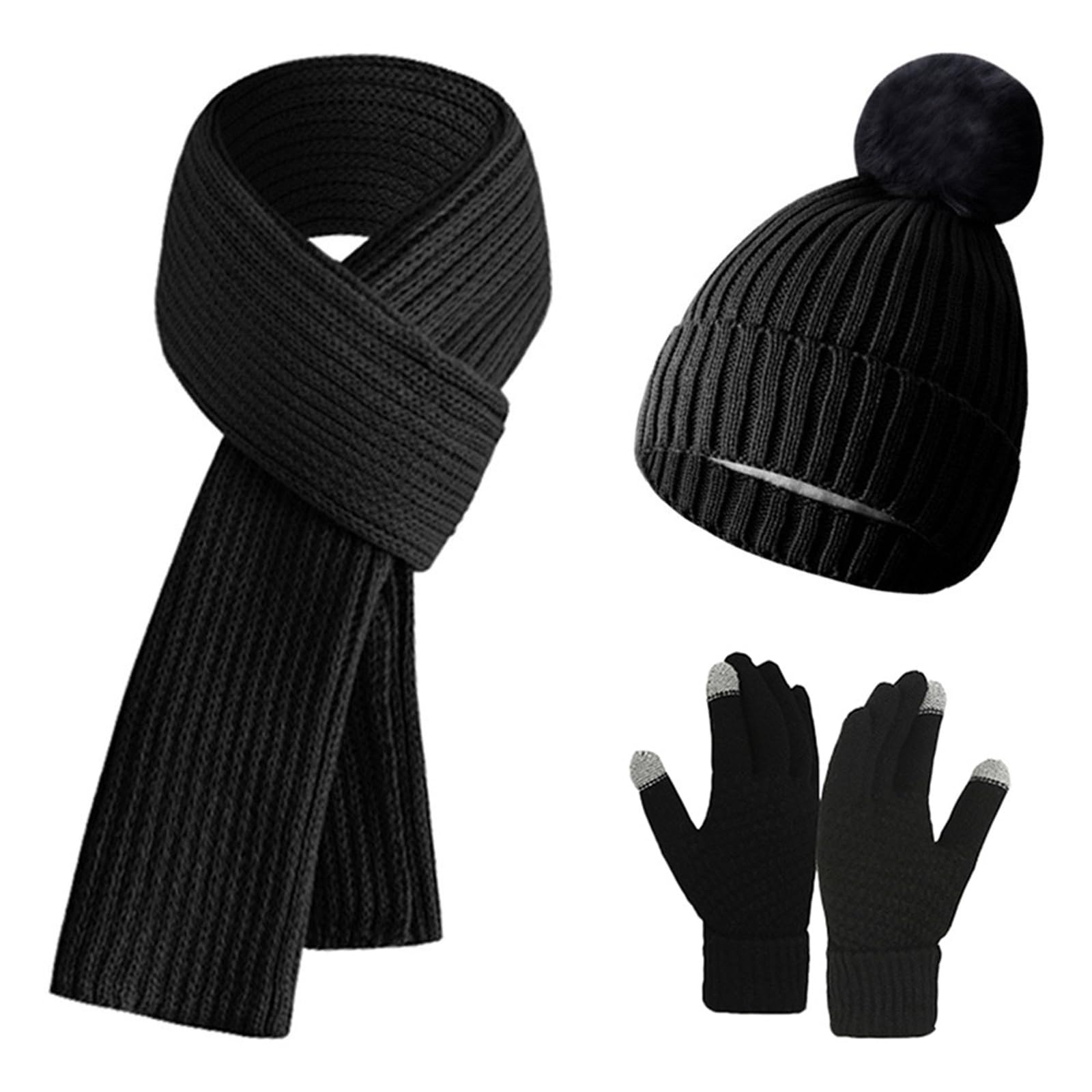 Ulepszony zestaw czapek i szalików 3 w 1, zimowy ciepły, zimowy ciepły kapelusz kobiet Pom Pom,Black
