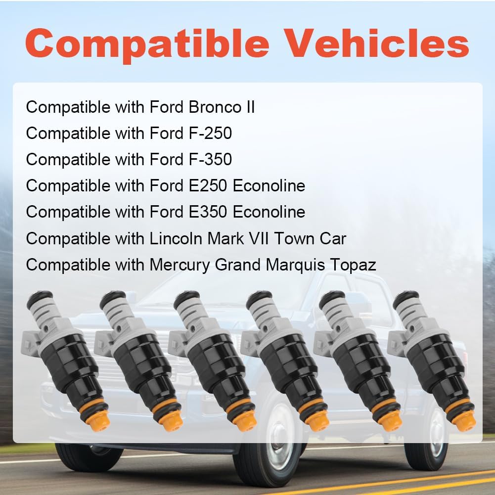 Set of 6 Fuel Injectors Replacement for 0280150710 Compatible with Ford F250 F350 Ranger Bronco II Mustang Taurus E250 E350 Econoline, Lincoln Town Car