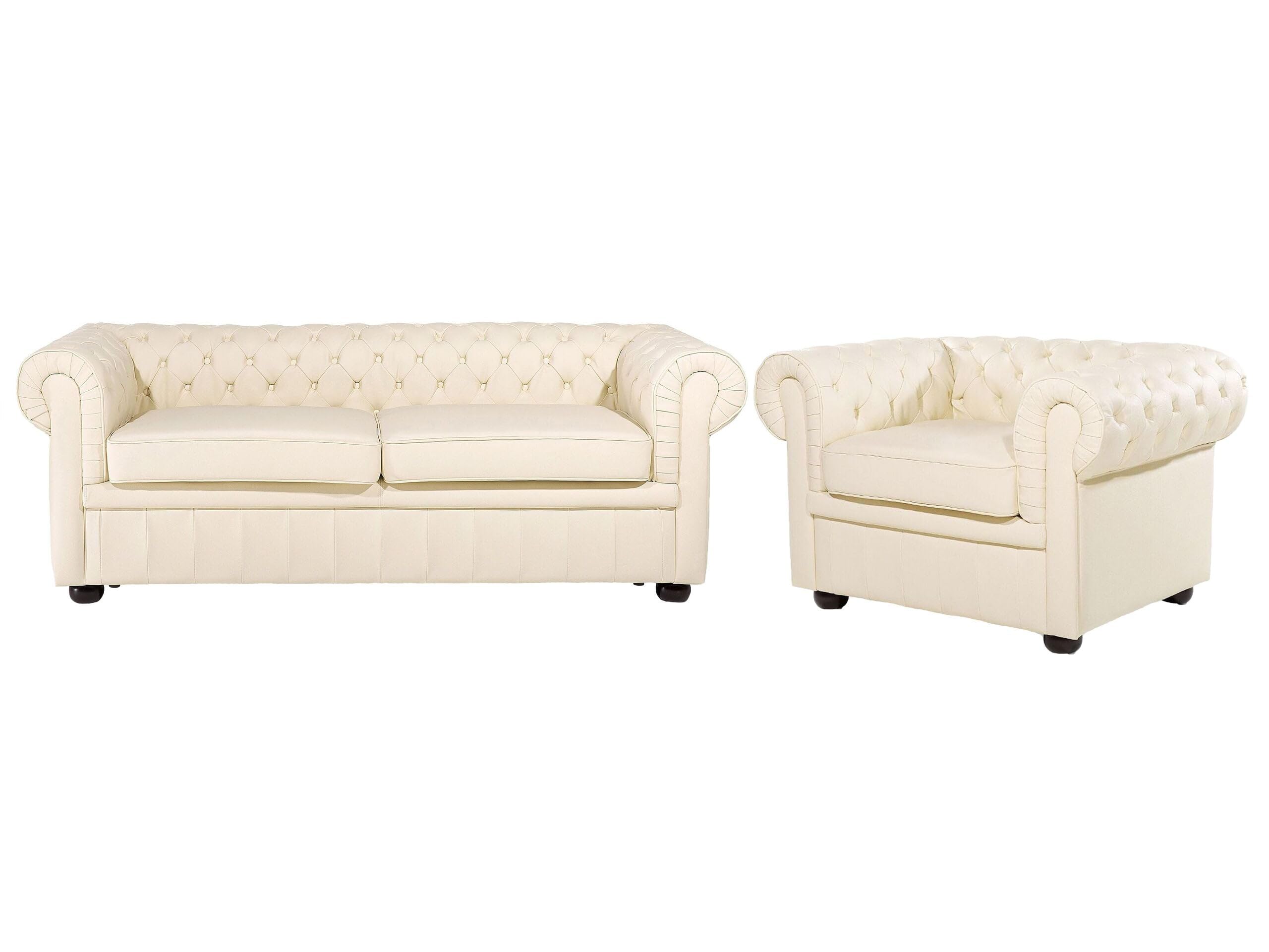 Beliani Klassisches Sofa mit Sessel Echtleder Hellbeige Chesterfield