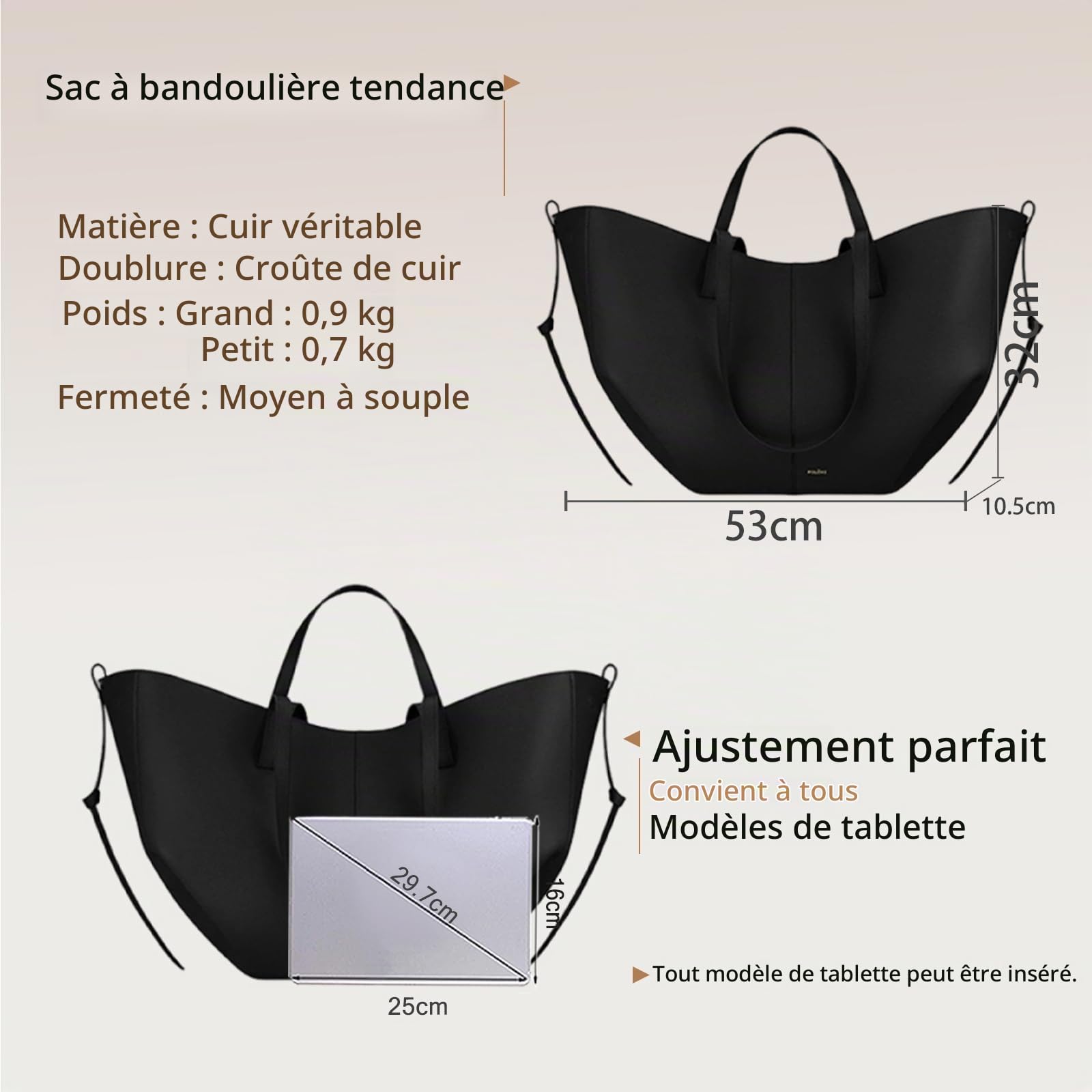Sac à Main pour Femme Sac Seau en Forme de Croissant de Style PU Cuir Sac Portés Épaule Grande Sacs Cabas Hobo Sac Fourre Tout 2pcs pour Travail Achats Voyage Noir L
