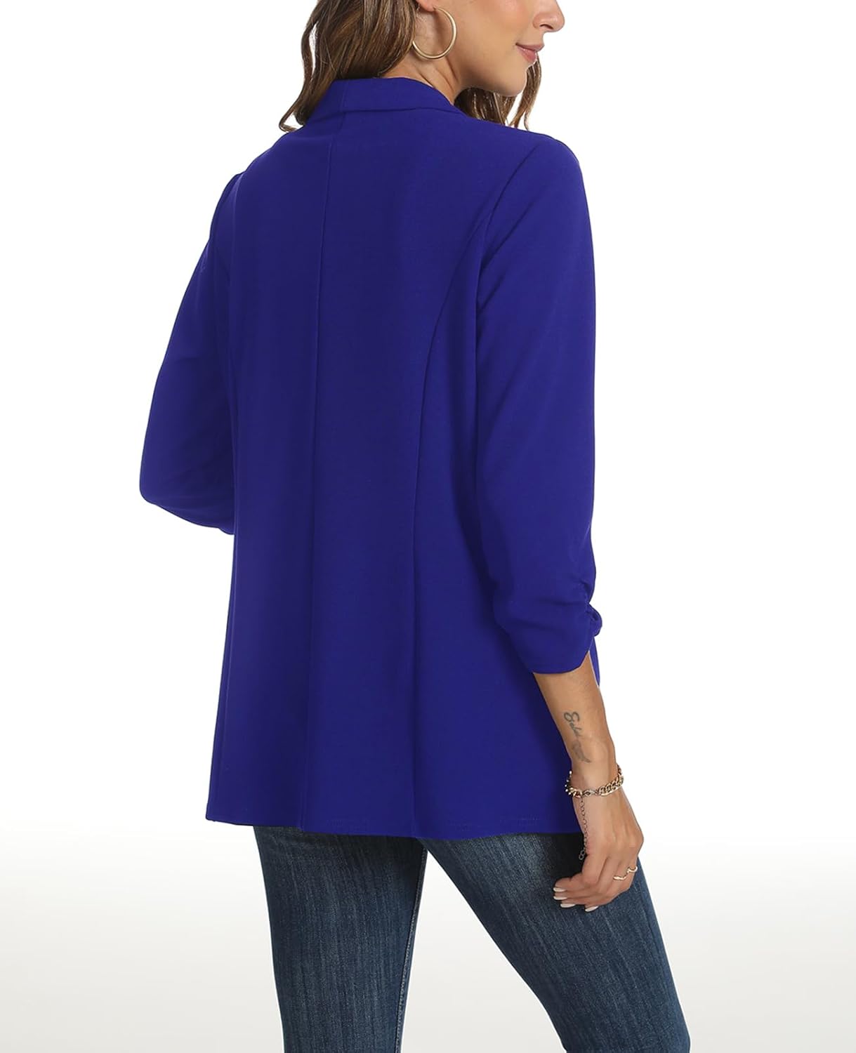 Blazer for Women 3/4 Ruched Sleeve Suit Jacket Open Front Shawl Collar Casual Work Office Blazers with Pockets - Image 3