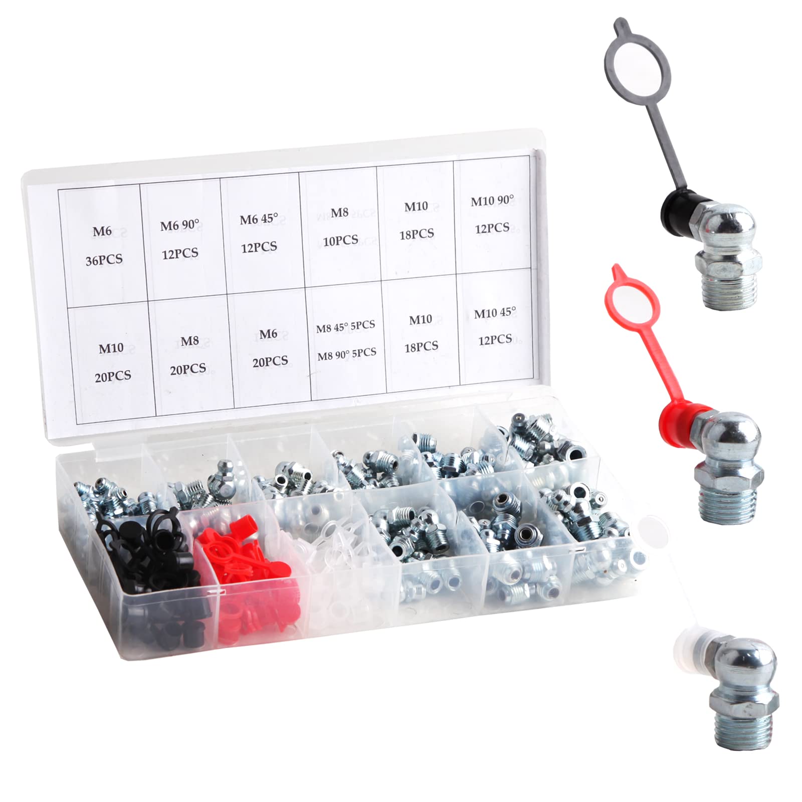 140pcs Hydraulic Grease Nipples with Protective Caps Dust Cap Cover Cap for M6 M8 M10 0 ° and 90 ° Hydraulic Grease Nipple in Storage Box Set