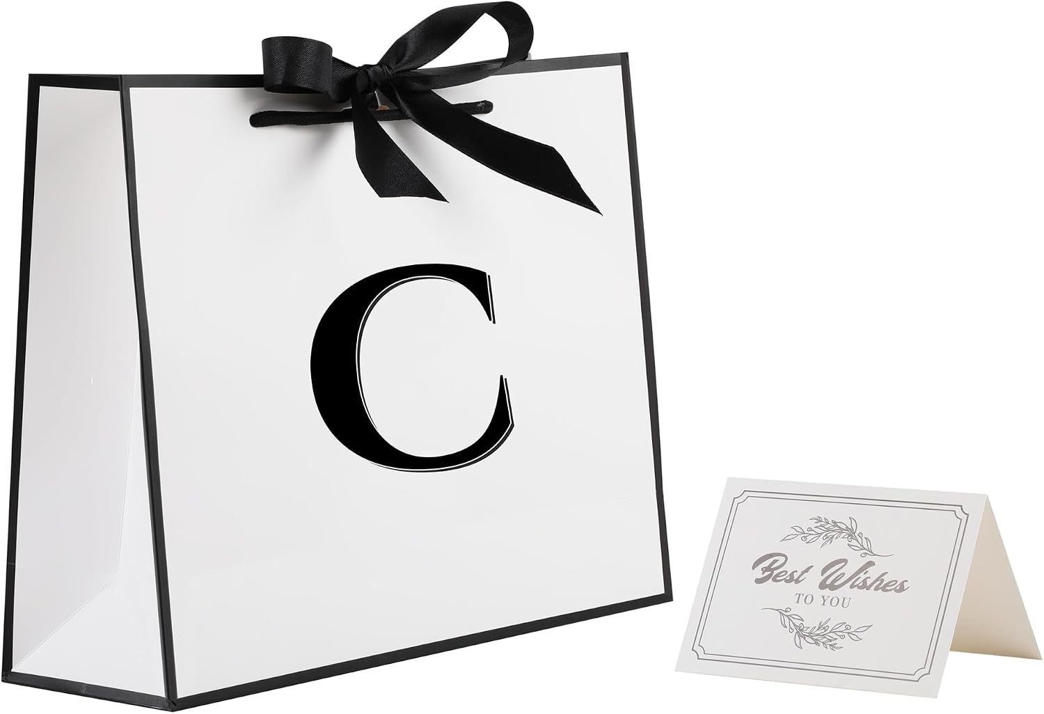 STOBOCTER Initial Gift Bag with Bow Ribbon and Card for Women Men, 16" x 11" Large White Black Paper Gift Bag, Personalized Letter Paper Bag for Birthday Anniversary Wedding Bridesmaids (Single C)