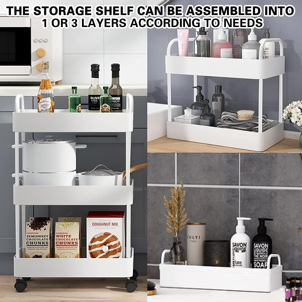 Conworld 3 Tier Rolling Cart,Slim Kitchen Storage Shelf with Wheels,Slide Out Storage Shelves Mobile Shelving Unit with Handle for Office, Home, Kitchen, Bedroom, Bathroom, Laundry Room