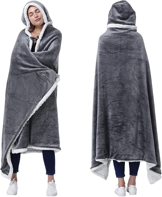 Catalonia Classy Womens Hooded Blanket, Snuggle Blanket with Hood Adult, Sherpa Cozy Plush Fleece Wearable Blanket for Women Men, Cuddle Throw Cover Home or Outdoors,125 x 185 cm Grey