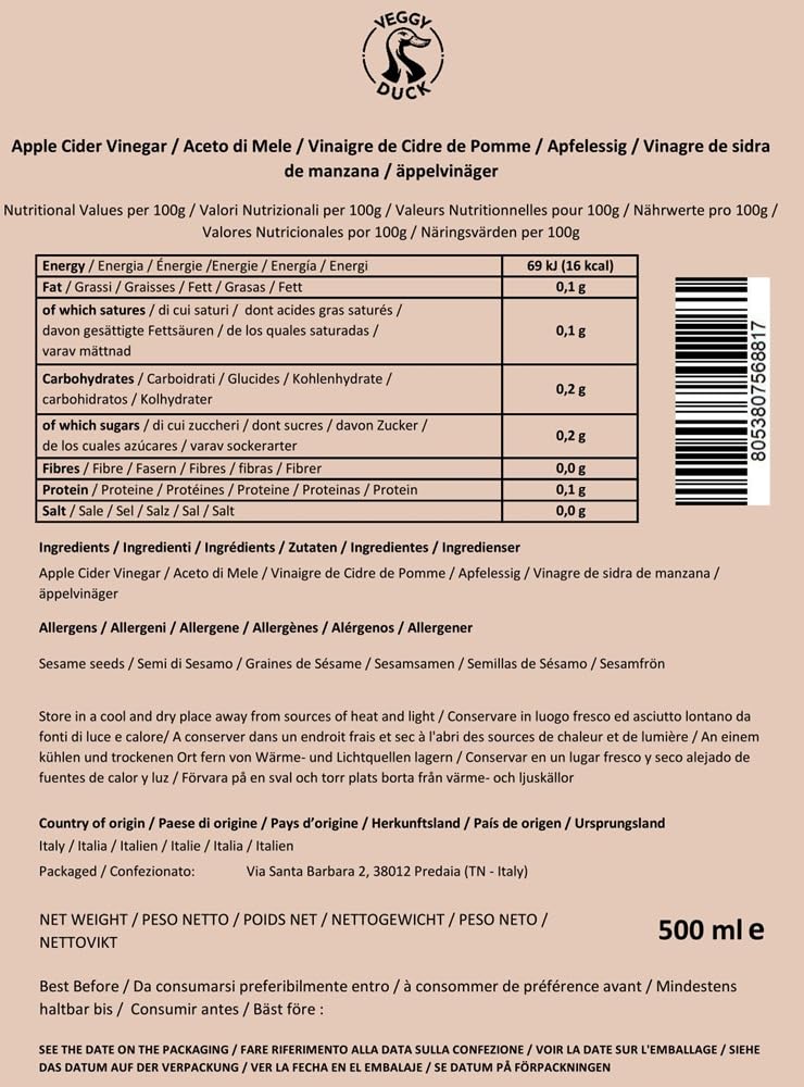 Veggy Duck Vinagre de Sidra de Manzana Natural Italiano con la Madre 2 x 500ml Puro Sin Filtrar Sin Pasteurizar