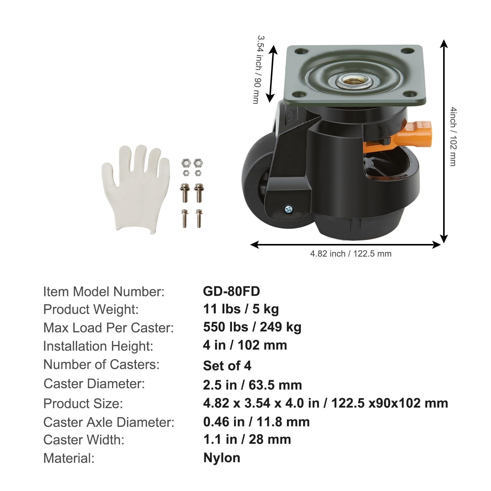Ruote girevoli di livellamento da 4 pezzi for carichi pesanti con design della maniglia Piedini regolabili in altezza for macchina banco Muoversi senza sforzo