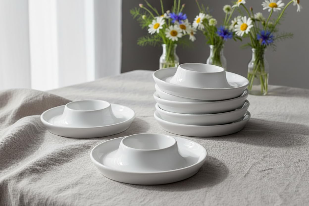 Provance 6er Set Eierbecher aus Porzellan in weiß im schlichten Design passend für alle Küchen Frühstückstisch Eierhalter Eierständer Maße: 2,2cm Höhe und 9,5 cm Breite