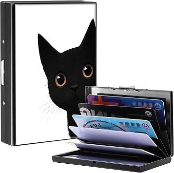 Business Card Holder Metal Rfid Card Holder Unique Cute Black Cat Pattern Style Design Credit Card Wallet With 6 Card Slots Black Credit Card Holder for Women Men