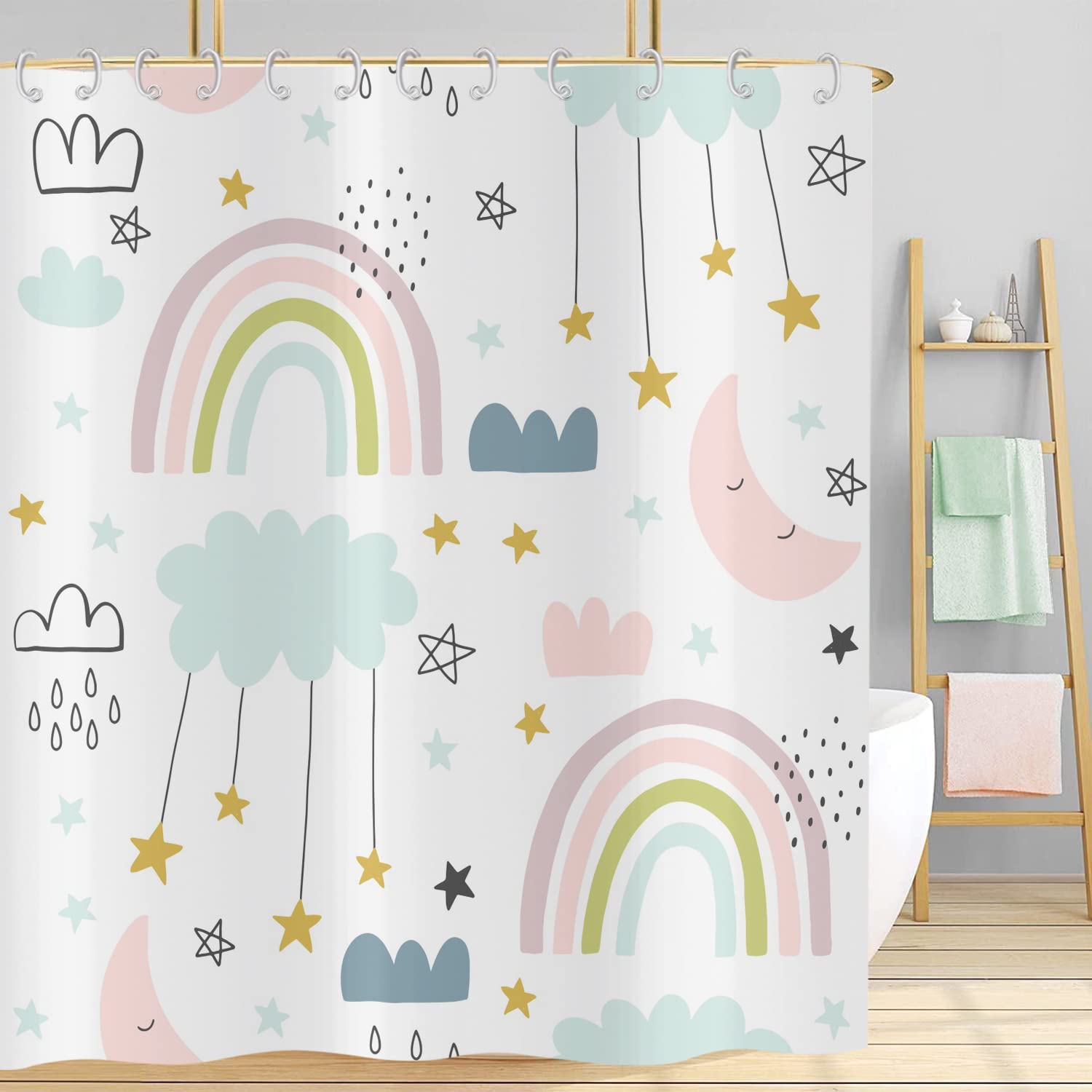 Hnmdmyi Rainbow Shower Curtain 240x180, Boho Abstract Rainbow Shower Curtains Colorful Cute Kids Cartoon Bathroom Curtains with Hooks Waterproof Polyester Fabric Washable Bath Curtains for Wet Room