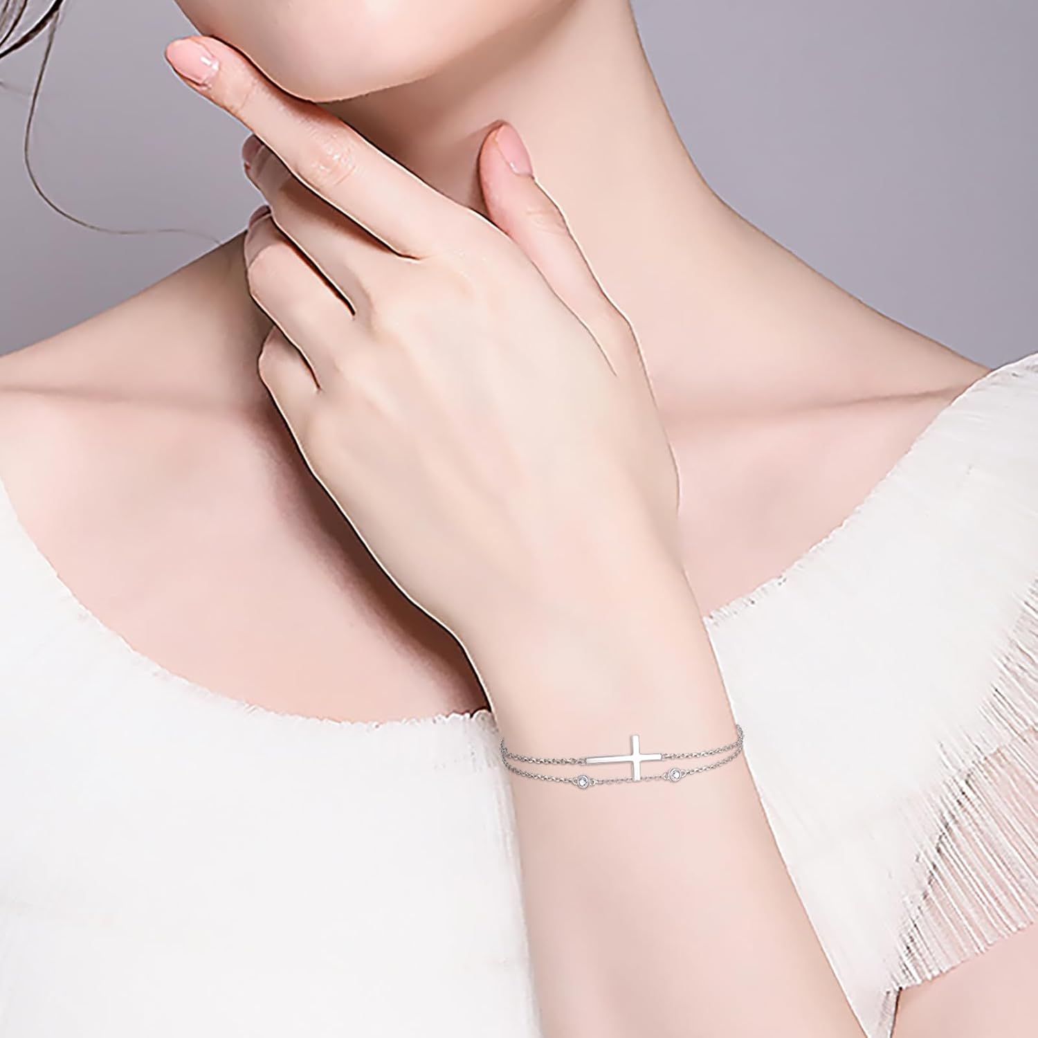 Sterling Silver Cross Birthstone Bracelet: Women Cross Month Stone Double Layer Chain Bracelet Birthday Gift