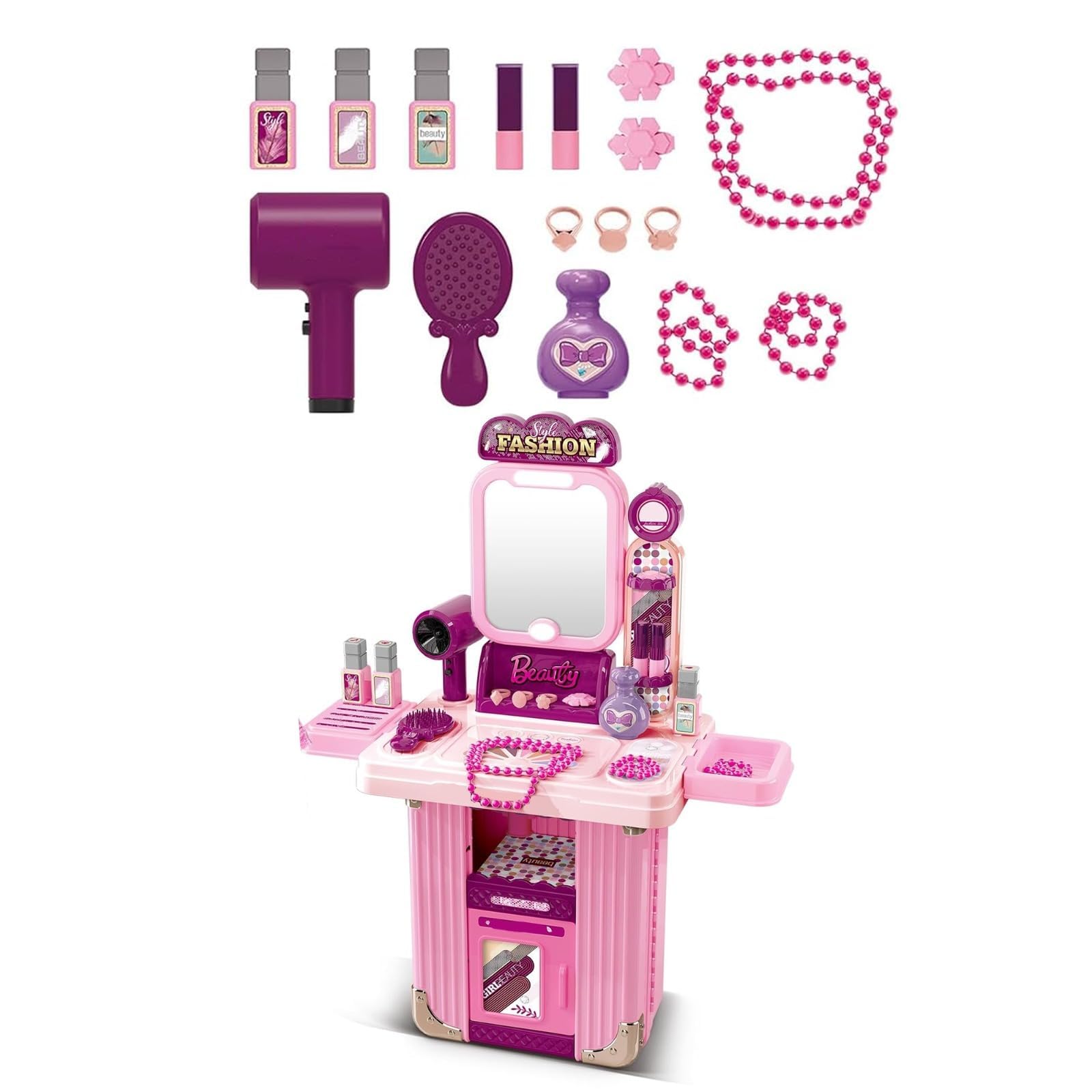 GSV Essentials Makeup Vanity Set for Girls with Mirror & Accessories, 2-in-1 Portable Beauty Salon Suitcase Toy, Pretend Play Makeup Set for Toddlers & Kids, (Pink)