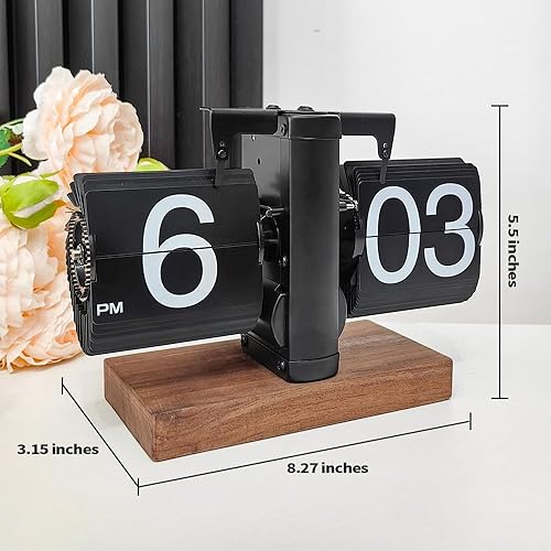 Miniatura 5 de Reloj de escritorio abatible (madera negra), reloj de mesa retro vintage automático abatible, gran número, mecánico, funciona con pilas, relojes