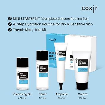 coxir Ultra Hyaluronic Holiday Gift Set Cleansing Oil + Toner + Ampoule + Cream |Mini Skincare Kit, Travel-Size Korean Skincare Set, Hydrating Routine