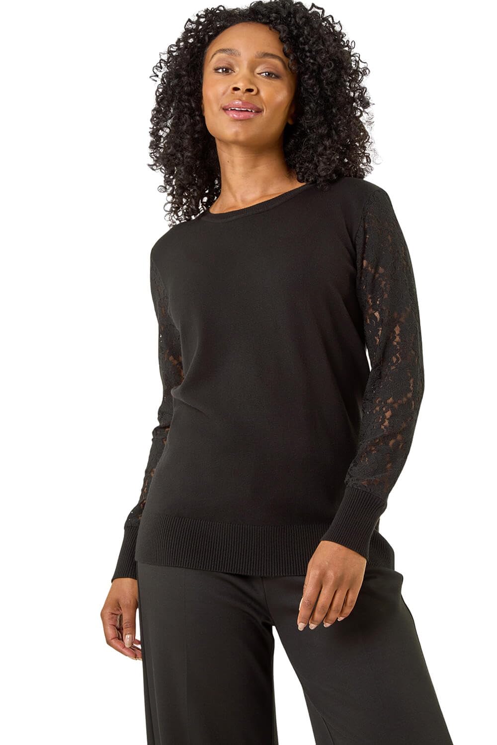 Roman Women's Black Petite Lace Contrast Knit Jumper In Size 18