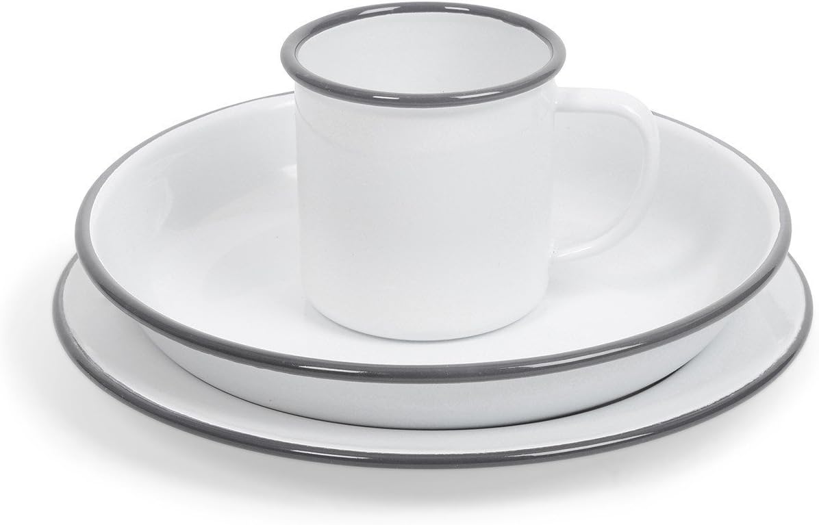 Falcon Enamel Traditional White Dinner Set : 26cm Dinner Plate, 8cm Mug and 18cm Bowl Camping Fishing Barbecue