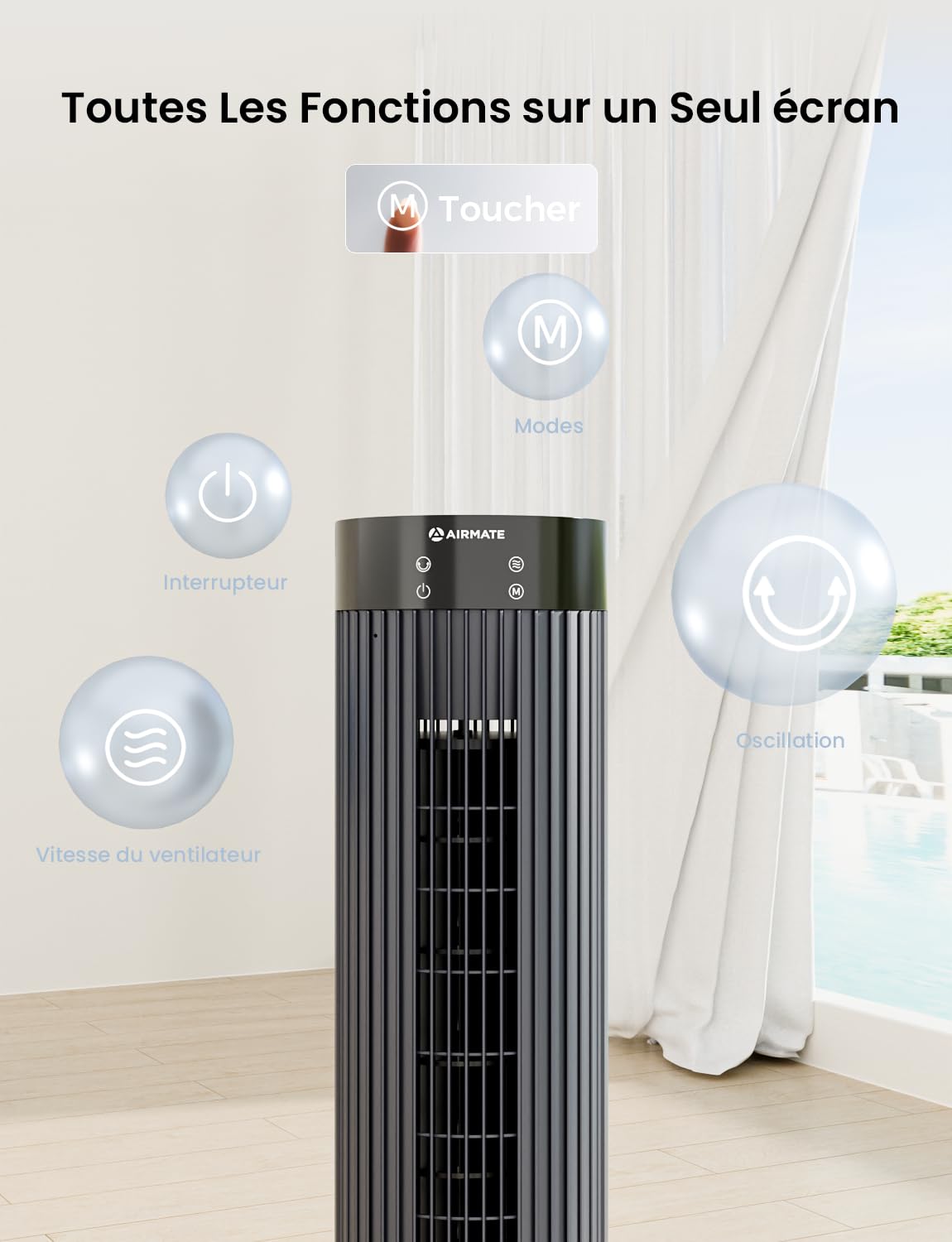 Airmate Ventilateur Colonne, 12 Vitesses de Vent, Ventilateur Silencieux Vitesse 10m/s Ventilateurs Tour Pour Chambre, 3 Modes/Minuterie 12 Heures, écran LED, Ventilateur de 40 Watts, Gris Foncé