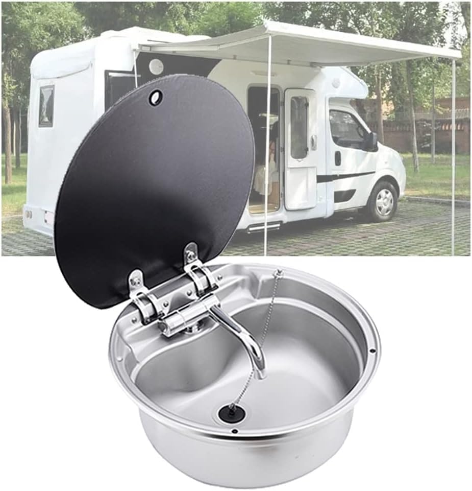 JIAYOYORV Sink with Lid, 304 Stainless Steel Hand Wash Basin,with Folded Faucet Tempered Glass Lid Van Camper Trailer Accessories,Silver Faucet