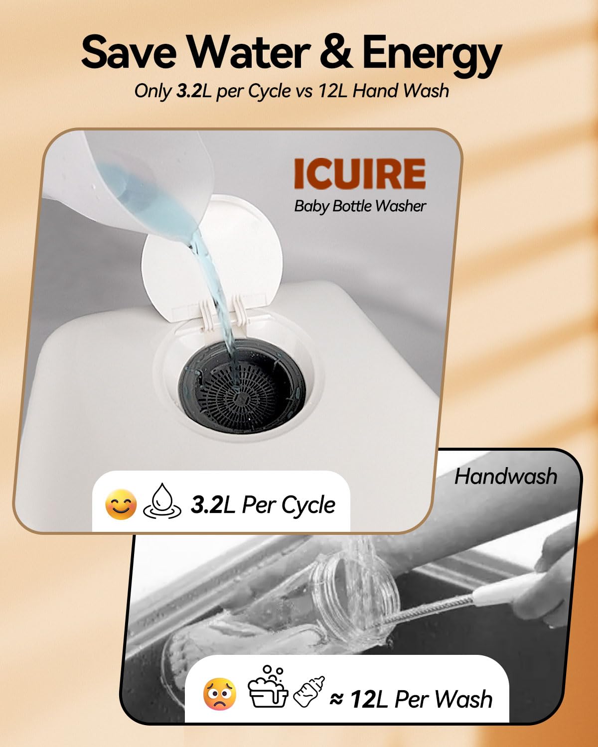 ICUIRE Babyflaschenwascher und Sterilisator und Trockner, 55-75 °C Hochtemperatursterilisation für Babysachen, 3,2 l Wassertank zum Reinigen von Flaschen, Pumpenteil, Schnuller und Schüssel