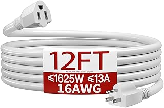 16/3 Indoor Extension Cord 12 FT, White Extension Cord Flexible & Durable, 3 Prong Power Cable, Suitable for Home and Office, 13 Amp 1625 Watt 125VAC 16AWG, ETL Listed