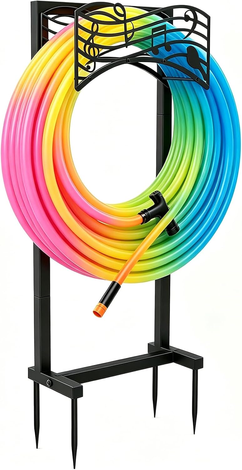 Garden Hose Holder Freestanding, Heavy Duty Metal Hose Stand Holds 150FT, Water Hose Rack Organizer for Outside Yard Lawn Garden, Decorative Music Note Design