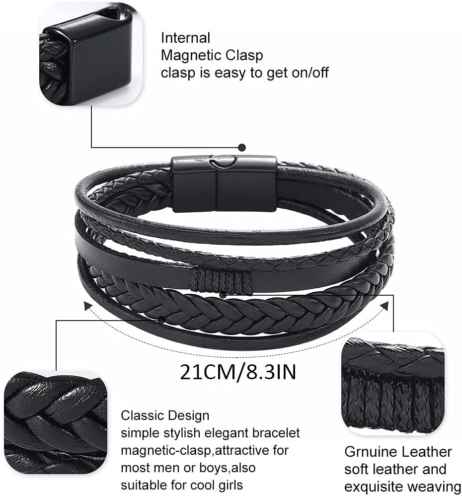Branets Mens Bracelet Cowhide Leather Genuine Unisex Cuff Wrap Bracelet Braided Multilayer Magnetic Clasp Rope Wristband Bracelet for Men and Women - Image 4