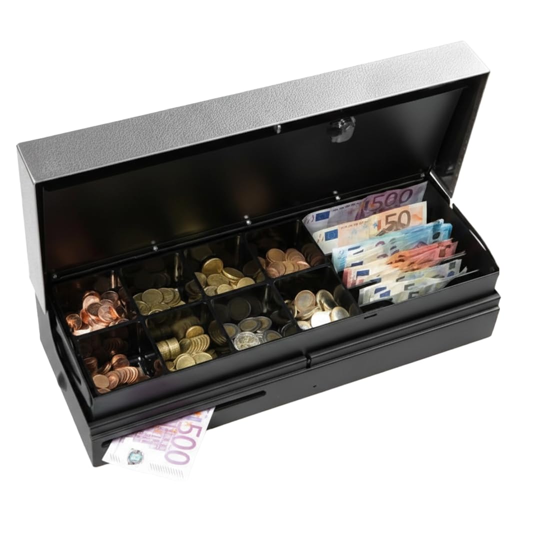 BALSAT | Cajón de Monedas Profesional | Cajón Eléctrico Con Apertura Vertical | 46x17x10 cm | Compartimentos Para Monedas y Billetes | Llave de Seguridad | Conexión RS-232 y RJ-11 | Diseño Compacto