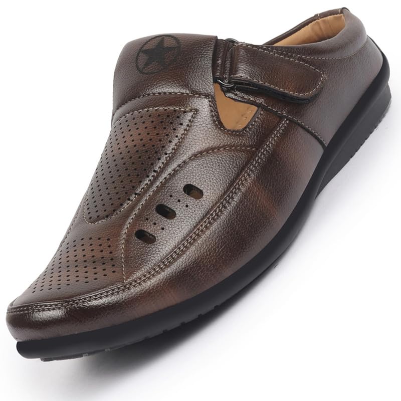 Image of FAUSTO Men's Back Open Perforated Breathable Casual Sandal With Cushioned Footbed|Adujstable Strap Stitched Slip On Sandal For Work|Evening