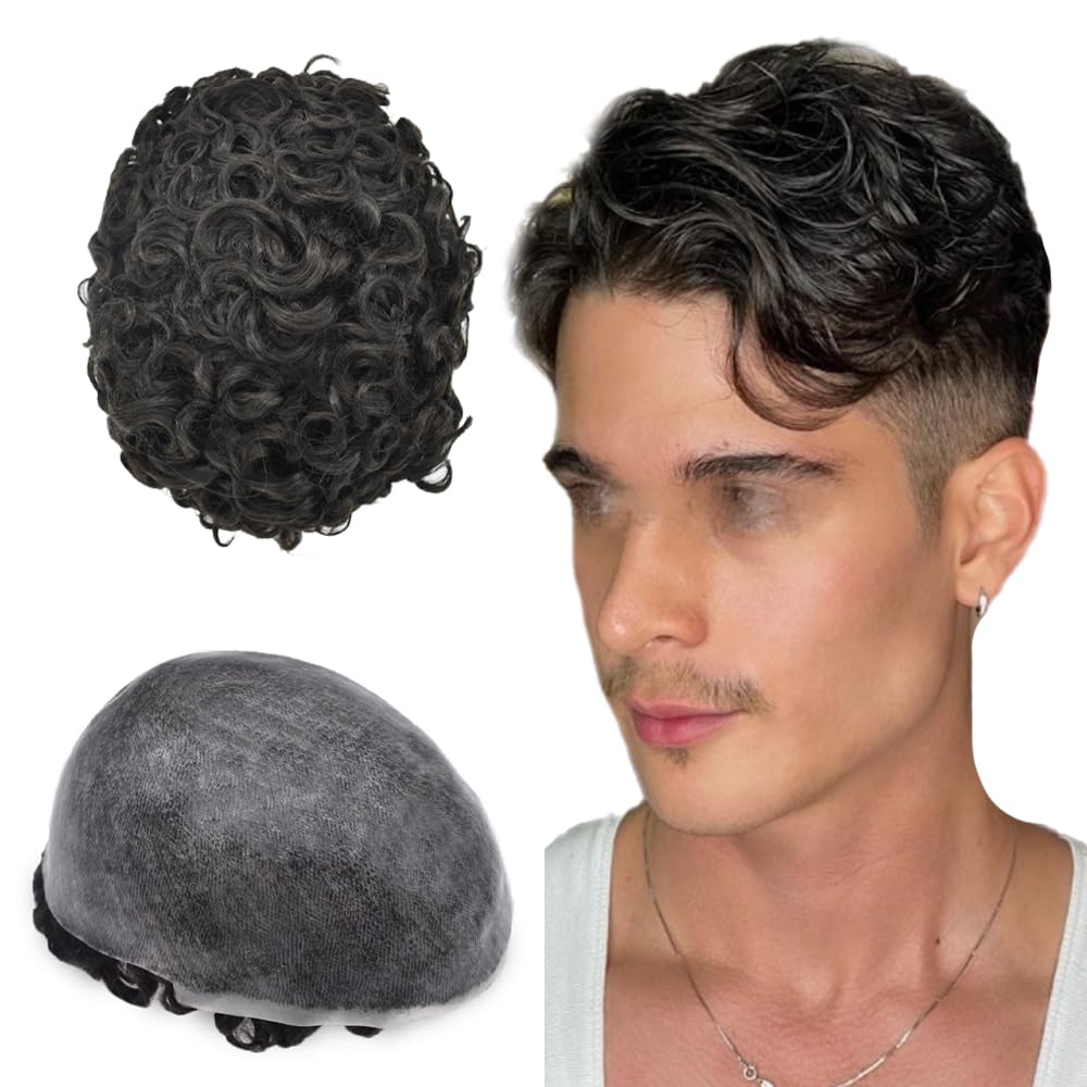 25MM Curly Toupee Durable Full Poly Skin Curl Toupee for Men Human Hair Replacement System Mens Hairpieces and Toupees Capillary Prosthesis (1B# OFF BLACK, 8 * 10-25 MM Wave)