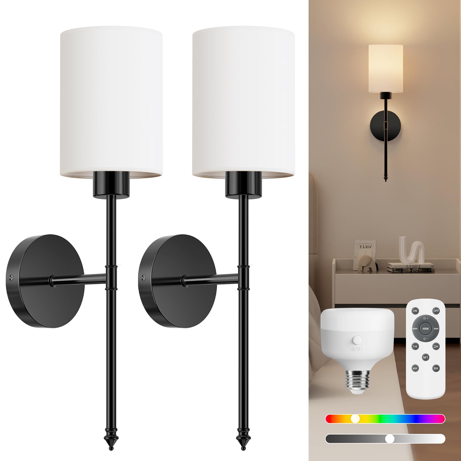 Niorsun Black Battery Operated Wall Lights, Wireless Rechargeable Wall Lights With 5200Mah Dimmable Detachable Bulbs And Remote, 9 Colours Sconces Wall Decor For Bedroom Living Room Hallway