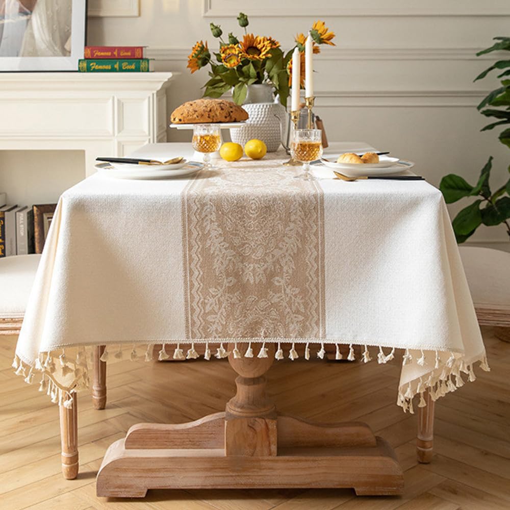 Pahajim Table cloths Rectangular Cotton Linen Tablecloth with Tassel Dust-Proof Washable Table Cover for Kitchen Dinning Outdoor Tabletop Decorations (White,55 x 87 Inch)
