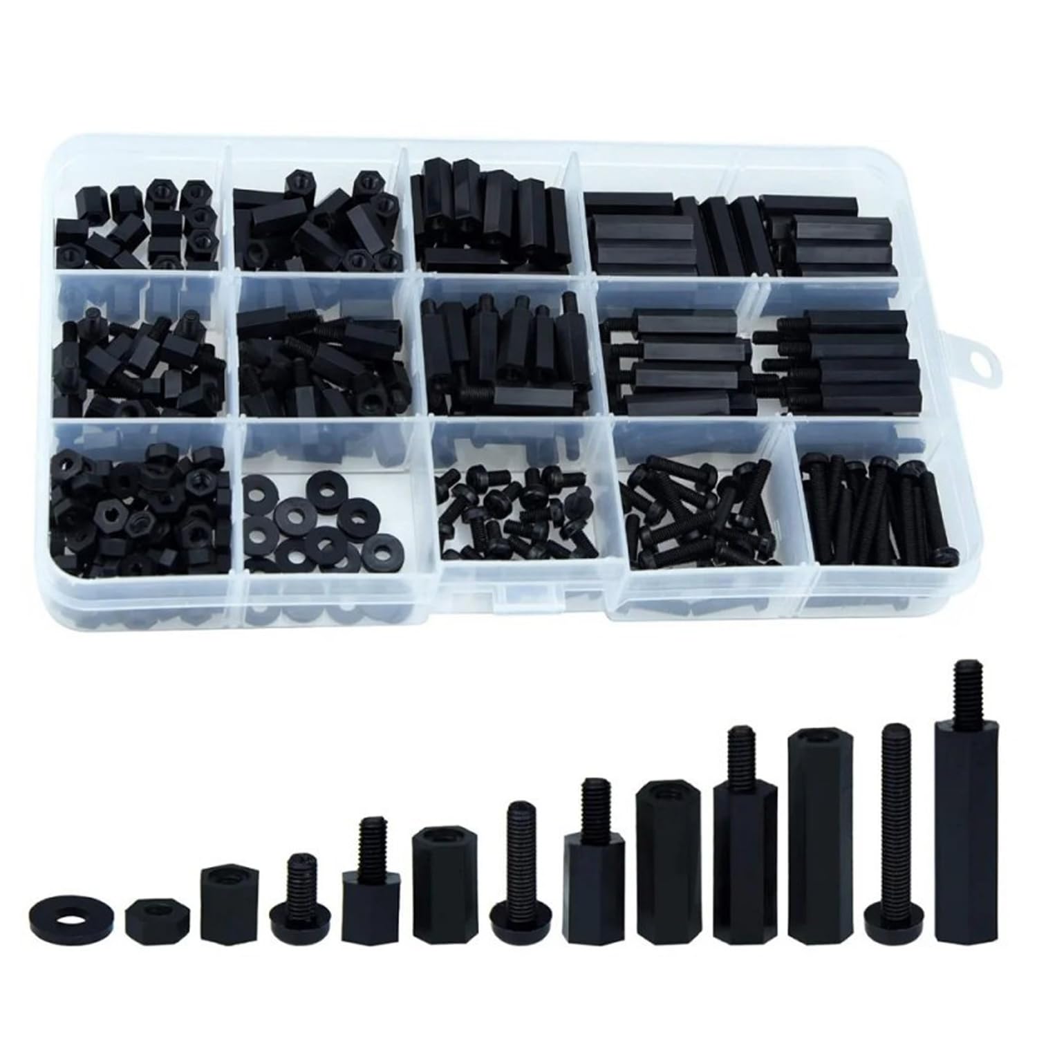 STAYOUNG320 PCS M2 Nylon Hex Spacer - Standoff Assortment Kit Male Female Standoffs, Screws, Nuts, Washers for PCB Motherboard and Drone Building Non-Conductive, Lightweight (Black)