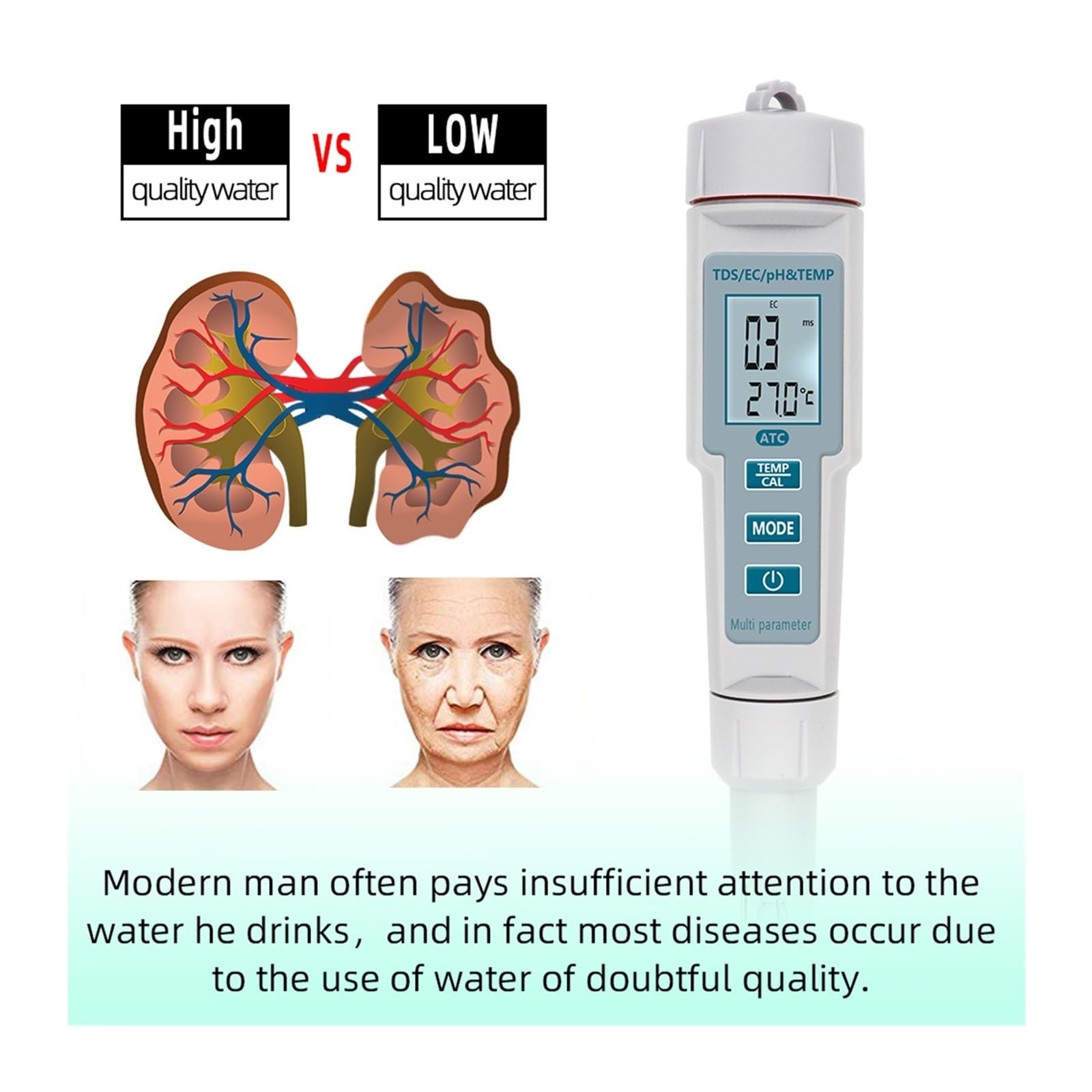 Kit per l'analisi dell'Acqua, Misuratore di PH/EC/TDS e Temperatura 4 in 1 PH Impermeabile Monitor qualità Acqua a LED Tester for Piscine Acqua Potabile(0)