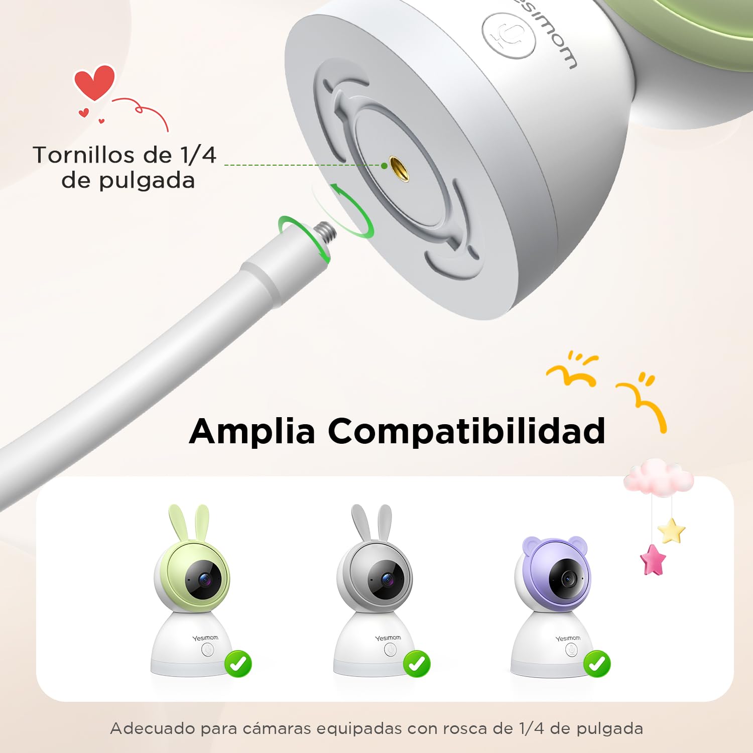 YESIMOM Soporte Universal para Camara Vigilancia Bebe: Ajustable, Sin Taladros, Montaje 1/4" y Vista 360° - Compatible con la Mayoría de vigilabebes (Color Blanco) — view 2