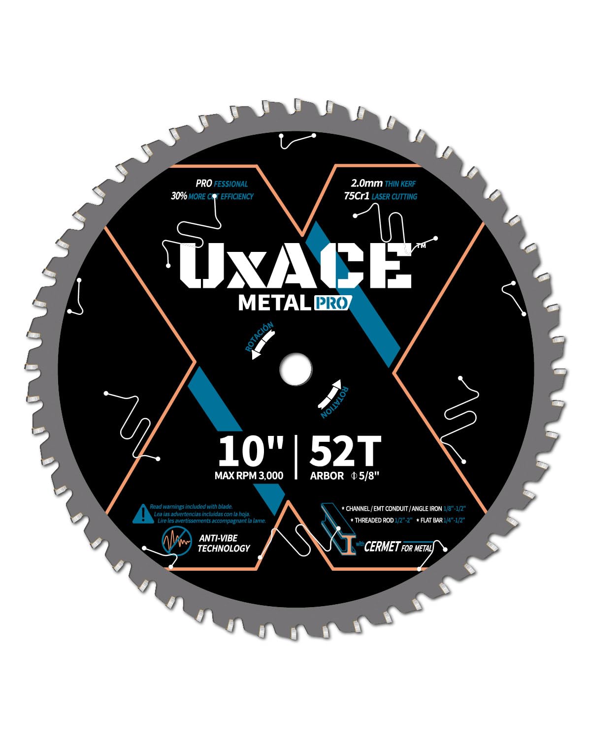 10-Inch 52-Tooth Circular Saw Blade, 5/8-Inch Arbor, Ferrous Metal, Steel Cutting Blade, Carbide Tip, Thin Kerf, for Channel, EMT Conduit, Angle Iron, Threaded Rod, Flat Bar 10'', 5/8'' Arbor, 52T