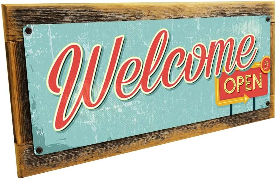Homebody Accents Mid-Century Welcome Open 6"x16" Metal Sign, Outdoor