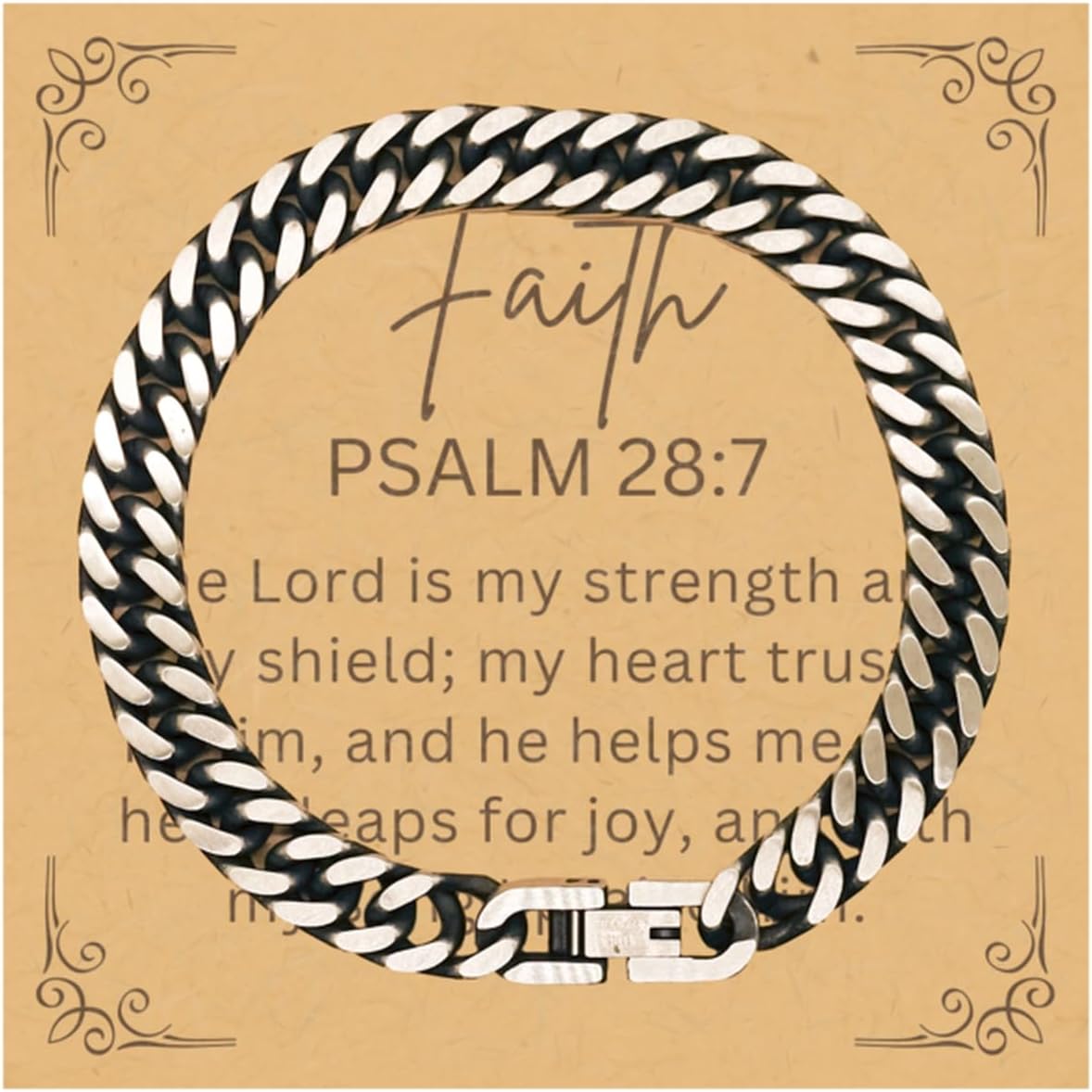 Gifts For Christian Bible Verse - Psalm 28:7 - Cuban Link Bracelet Faith Gifts For Son Dad Brother Nephew Boyfriend Husband, Religious Jewelry Bracelet Message Card Box