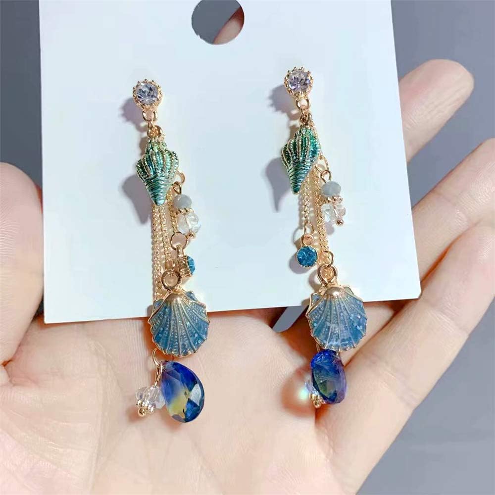Sparkly Bohemia Long Tassel Blue Ocean Shell Flower Dangle Earrings Shine Rhinestone Scallop Beach Earrings for Women Charm Statement Colorful Crystal Jewelry - Image 6