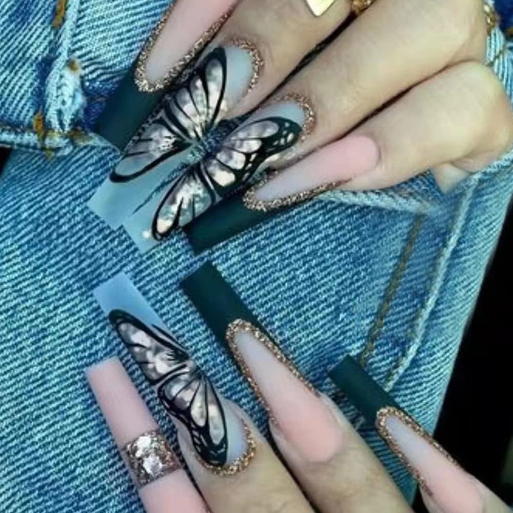 Amazon.com: Black French Press on Nails Long Coffin,Xcreando Nude Fake Nails  Embellished Vivid Butterfly Pattern Natural Glue on Nails Reusable Acrylic  Nails Press on for Women Girls Daily Wear in 24PCS :